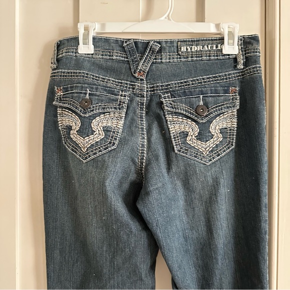 Hydraulic Jeans Boot Cut Relaxed Fit Dark Wash Feathered Bold Stitching sz 8P - Picture 9 of 16